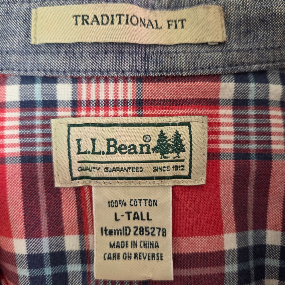 LL Bean Mens L Tall Red Plaid Cotton Button Down Shirt Traditional Fit - Picture 4 of 4